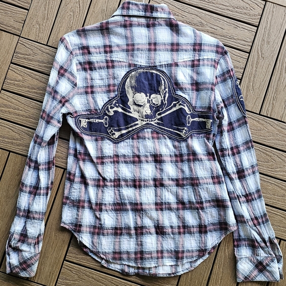 Primevil Tops - Primevil Skull & Crossbones Embroidered Plaid Button Up Flannel